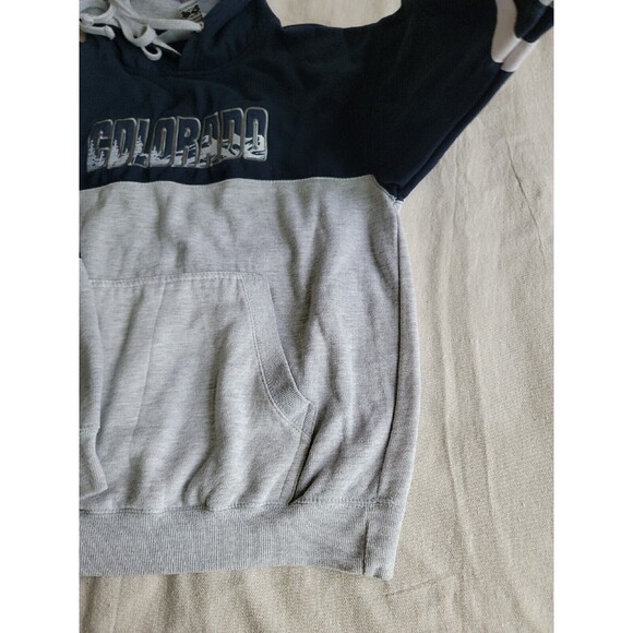 Renegade Mens L Hoodie Colorado Embroidered Trees Colorblock Blue Grey Pocket - Picture 11 of 16